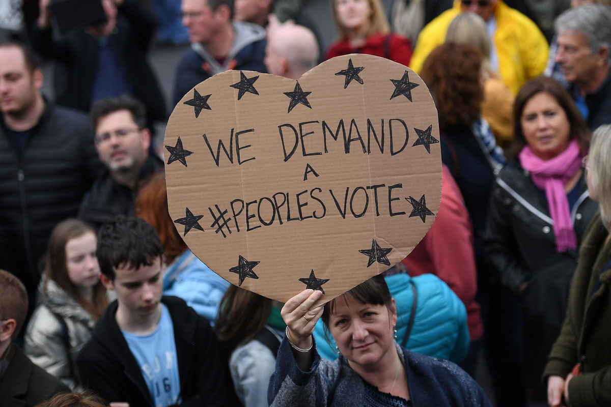 Protesters participate in an anti-Brexit demonstration at City Hall in central Belfast, Northern Ireland on 20 October. Photo: Reuters