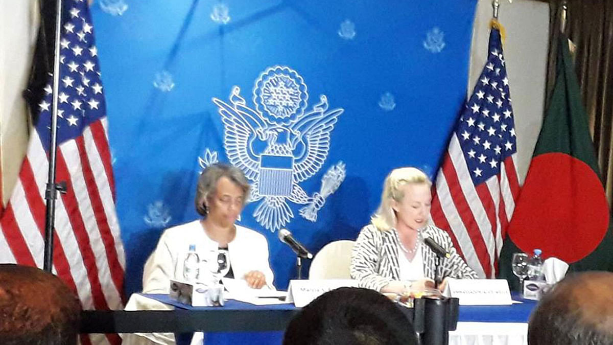 Visiting US principal deputy assistant secretary for South and Central Asia, Alice Wells addressing a press conference in Dhaka on Monday
