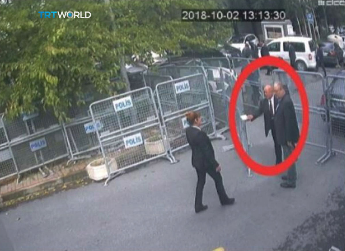 A still image taken from CCTV video and obtained by TRT World claims to show Saudi journalist Jamal Khashoggi, highlighted in a red circle by the source, as he arrives at Saudi Arabia`s Consulate in Istanbul, Turkey on 2 October. Photo: Reuters