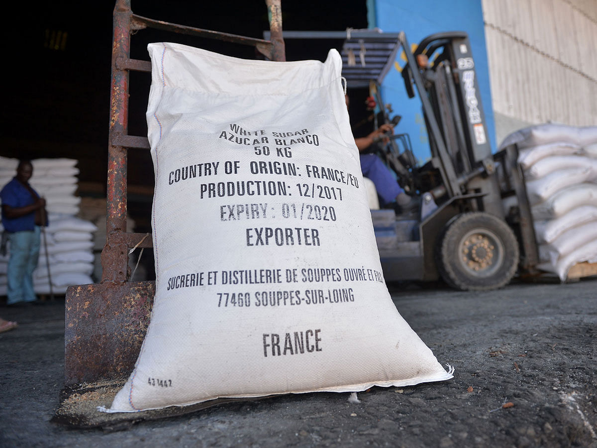 A sack of sugar produced in France is seen at a warehouse in Havana, on 9 October 2018. Photo: AFP