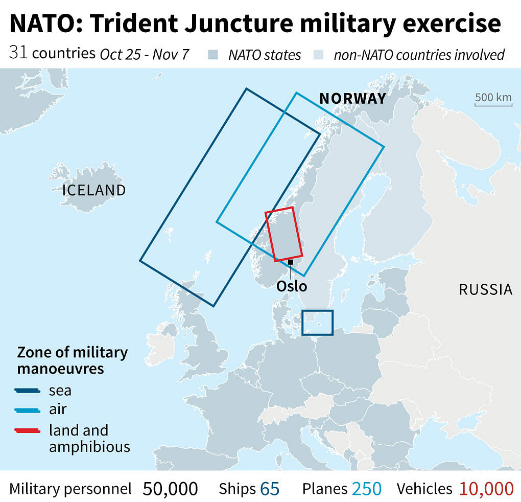 Map of Europe showing the areas in Norway where NATO will conduct the `Trident Juncture` military manoeuvres which start on Thursday. Photo: AFP