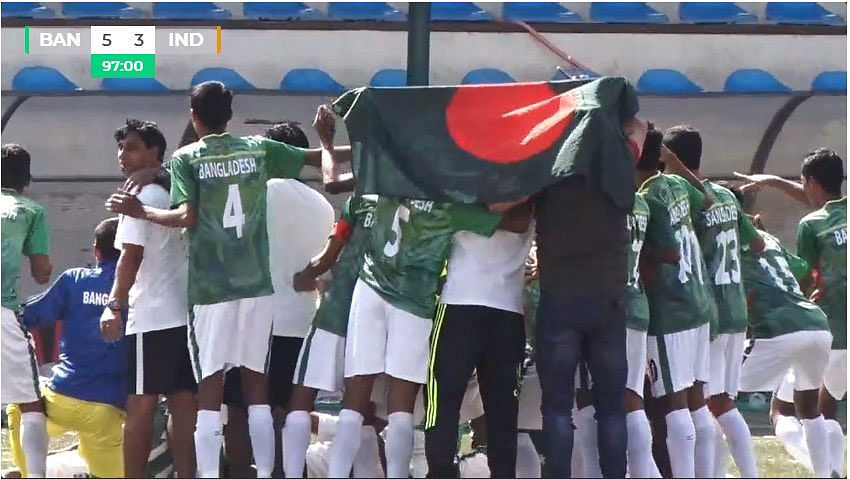 Bangladesh players celebrate their tiebreaker win.