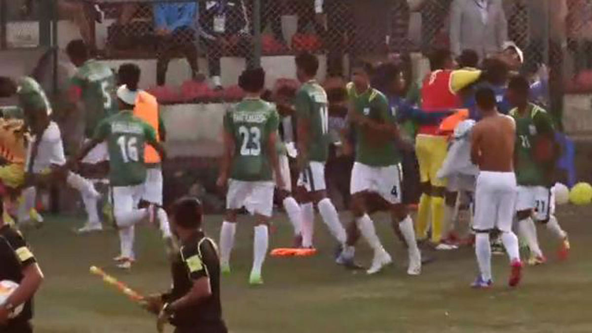 Players of Bangladesh are celebrating as they clinch SAFF U-15 Championship title beating Pakistan at ANFA Complex in Lalitpur, Nepal on Saturday. Photo: Collected