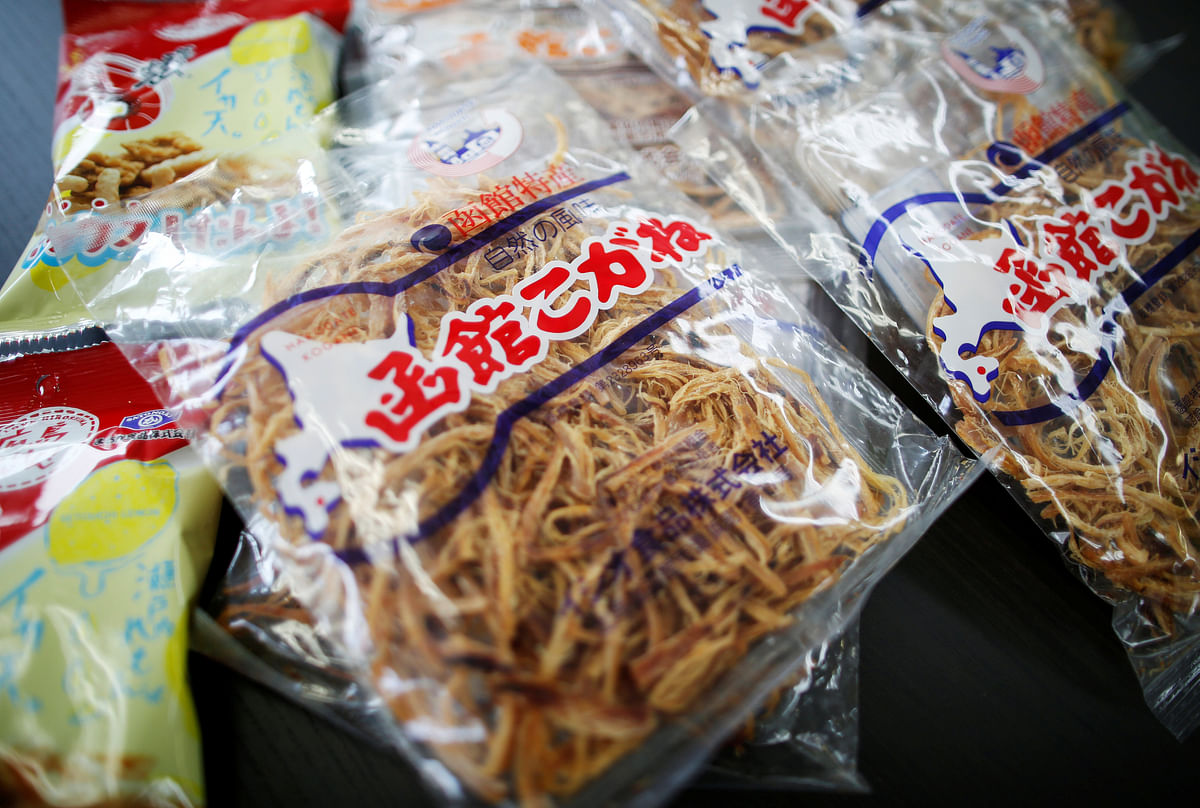 Japanese squid snacks are displayed at the office of the National Cooperative Association of Squid Processors in Tokyo, Japan on 13 September. Photo: Reuters