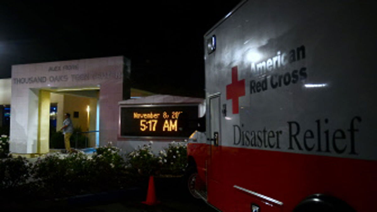 An American Red Cross Disaster Relief vehicle is seen outside the Thousands Oaks Teen Center where people have come for family assistance following the bar shooting at the Borderline Bar and Grill in Thousand Oaks, California on 8 November 2018. Photo: AFP