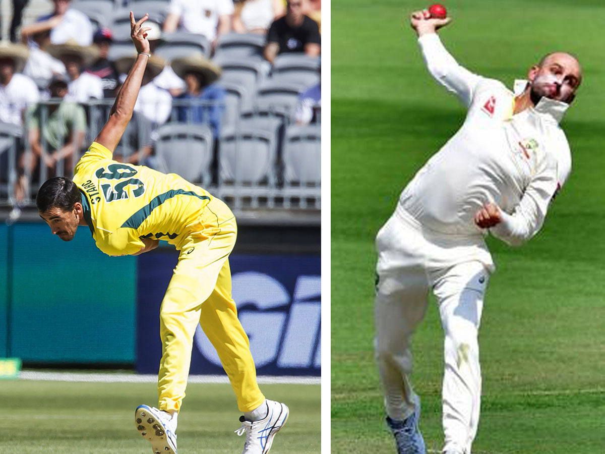 Australian pacer Mitchell Starc (L) and off-spinner Nathan Lyon. AFP File Photo