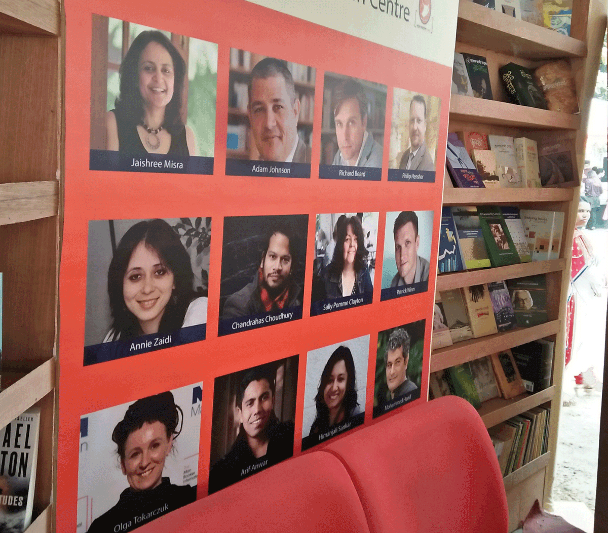 Photo of the speakers of the Dhaka Lit Fest 2018 is seen in a book stall at Bangla Academy, Dhaka on Saturday. Photo: Nusrat Nowrin