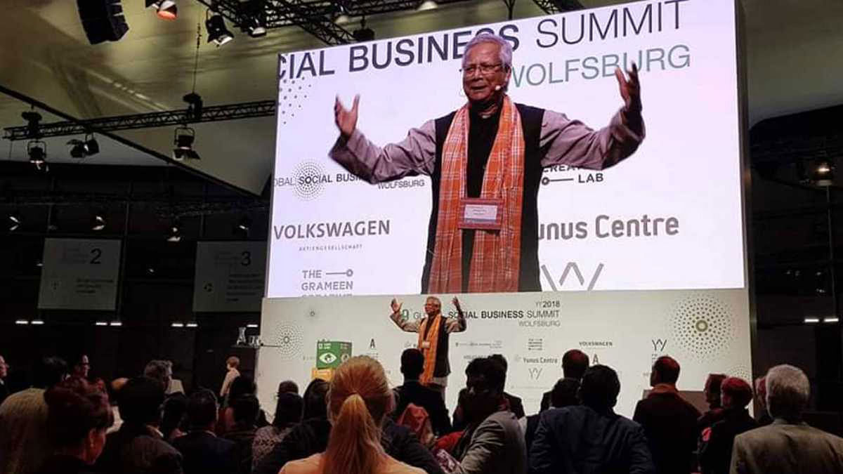 Professor Muhammad Yunus speaks at the 9th Global Social Business Summit at Autostadt, Germany. Photo: UNB