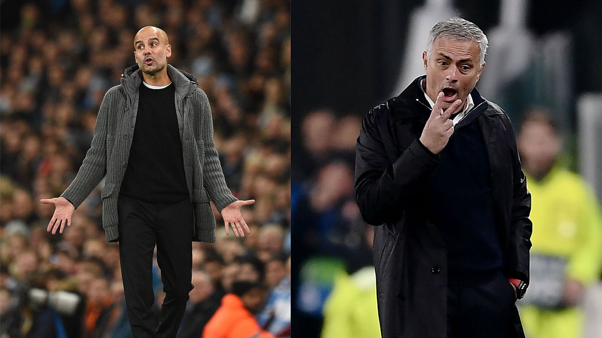 Manchester City`s Spanish manager Pep Guardiola (L) and Manchester United`s Portuguese manager Jose Mourinho. Photo: AFP