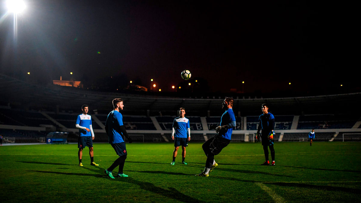 Football Club Belenenses players attend a training session at Restelo stadium in Lisbon on 2 November 2018. Photo: AFP