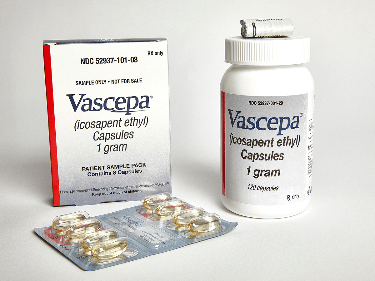 This undated photo provided by Amarin in November 2018 shows capsules and packaging for the purified, prescription fish oil Vascepa. Photo: AP