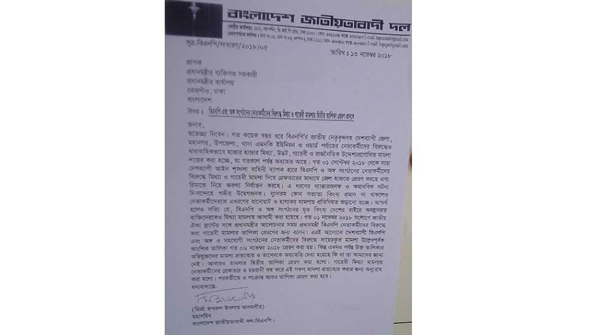 The photo shows letter send to the prime minister’s office along with the list of fictitious cases. Photo: UNB