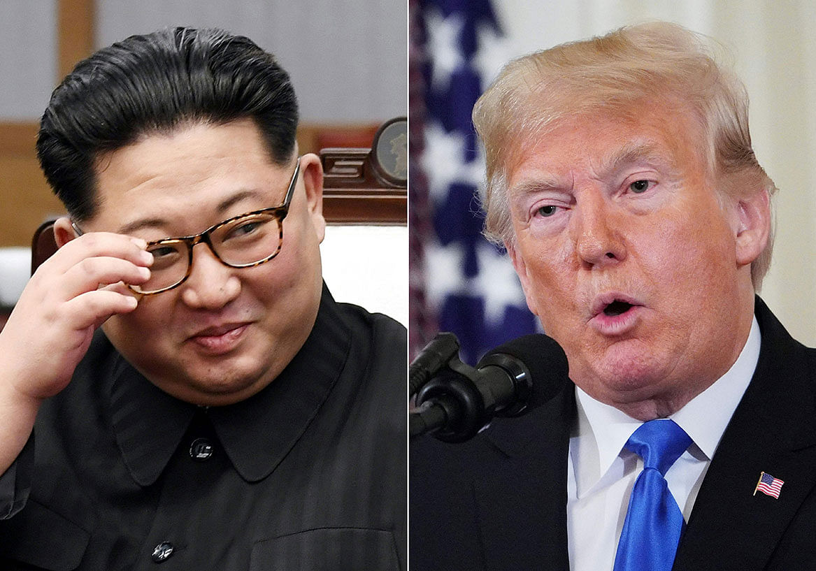 This combination of pictures created on 12 November shows North Korea`s leader Kim Jong Un and US president Donald Trump during a post-election press conference in the East Room of the White House in Washington, DC on 7 November. Photo: AFP