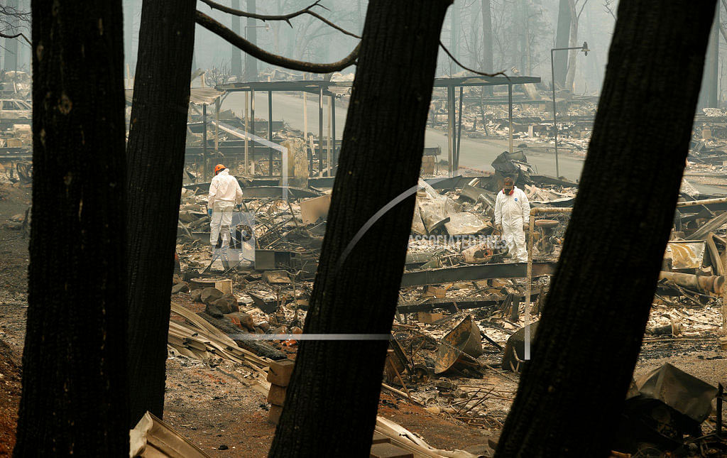 A search and rescue workers search for human remains at a burned out trailer park from the Camp fire, Tuesday, 13 November 2018, in Paradise, Calif. Photo: AP