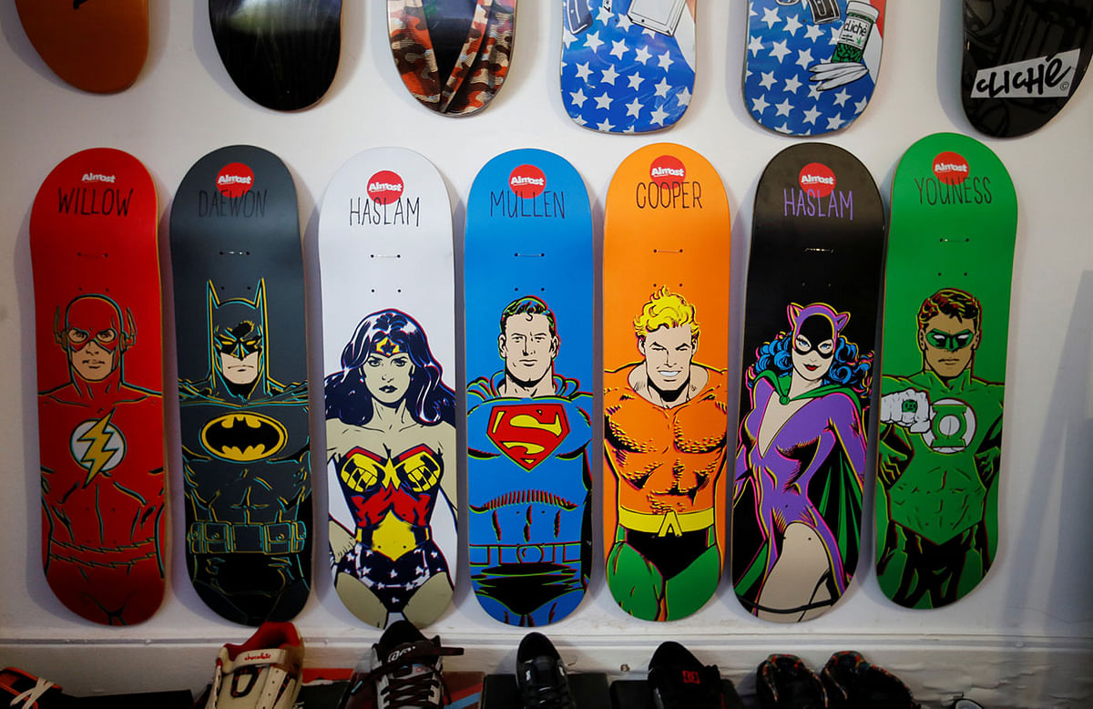 A limited edition series of boards showing Superheroes are pictured in the Geneva Skateboard Museum, a collection of 1500 boards and 10000 items, in Vernier near Geneva, Switzerland, 8 November 2018. Photo: Reuters