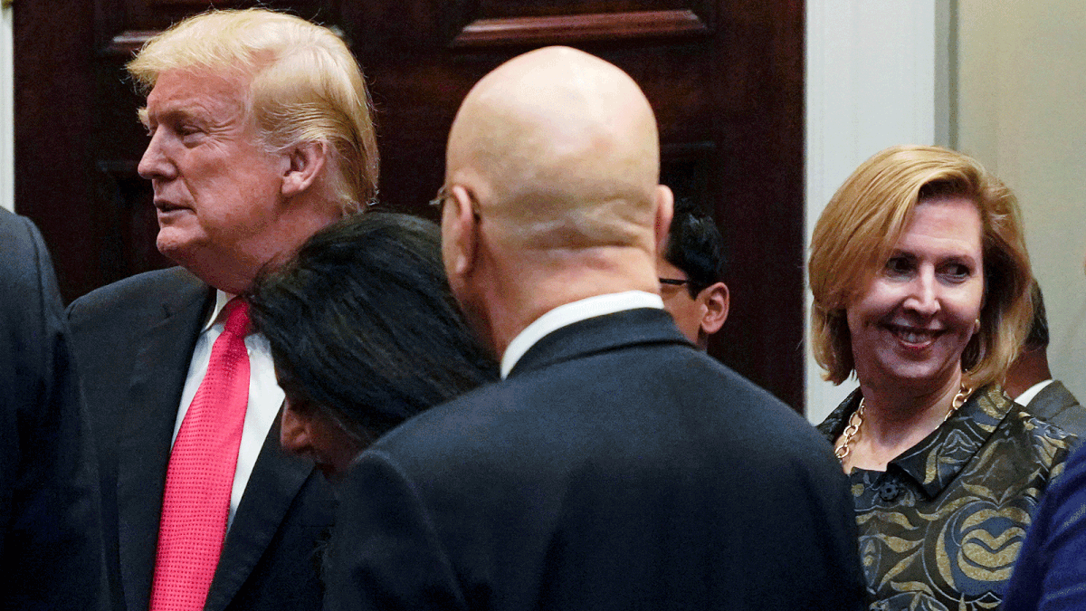 White House Deputy National Security Advisor Mira Ricardel (R) appears with US president Donald Trump at a Diwali ceremony as the office of first lady Melania Trump announced a request from the first lady that Ricardel be fired at the White House in Washington, US on 13 November 2018. Photo: Reuters