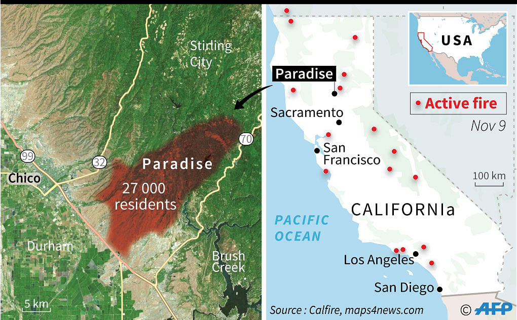 Map of California locating active fires as of 9 November, and focusing on the ravaged town of Paradise. Photo: AFP