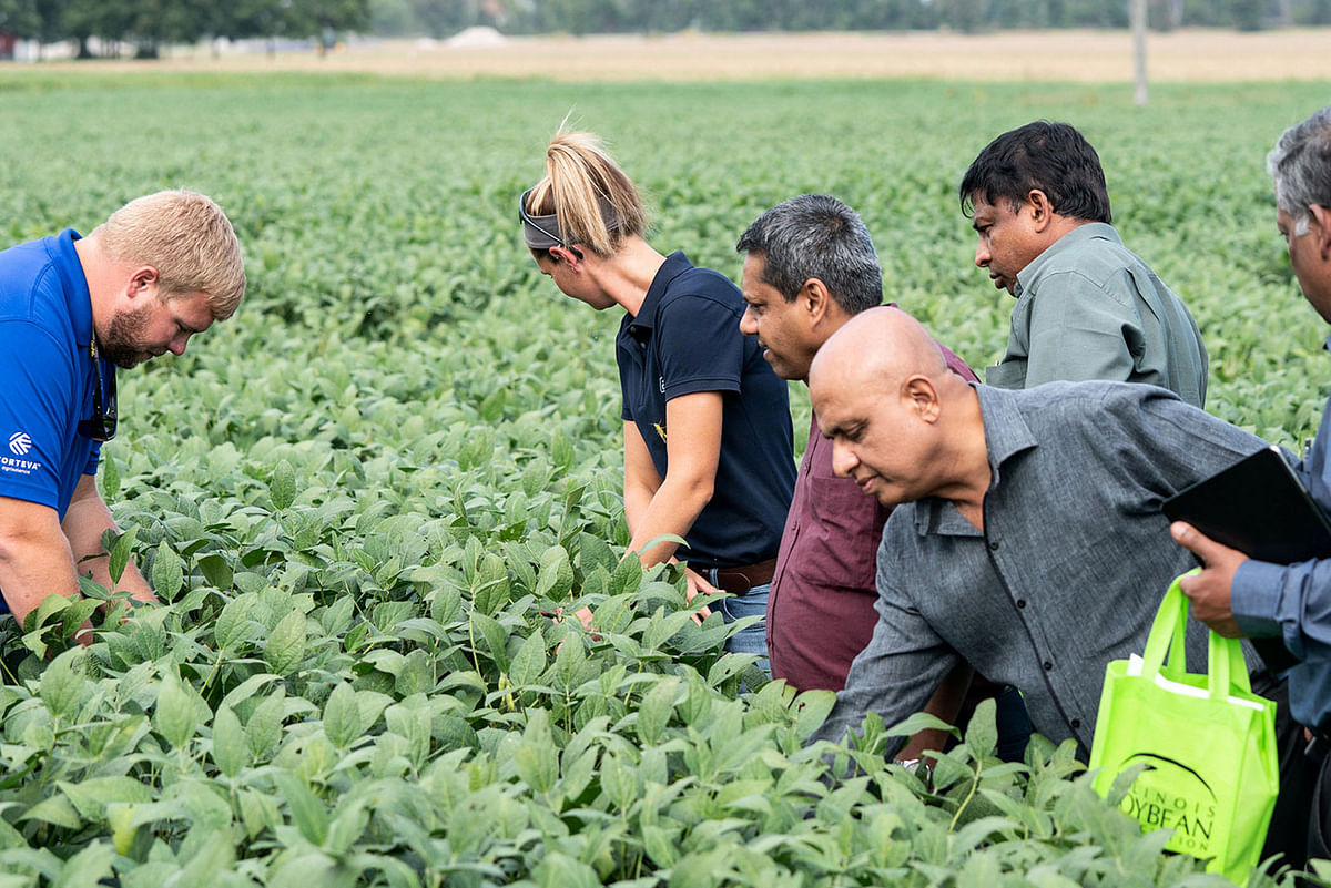 Members of Illinois Soybean Growers Association and a trade group of grain buyers from Sri Lanka inspect soybeans of Pioneer-DuPont Seed facility in Addieville, Illinois US, 19 September 2018. Photo: Reuters