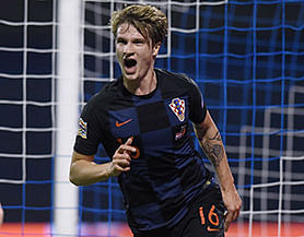 Croatia`s Tin Jedvaj celebrates after scoring a goal during the UEFA Nations League football match between Croatia and Spain at the Maksimir Stadium in Zagreb on 15 November 2108. Photo: AFP