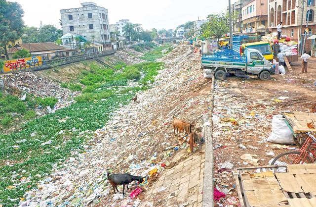 A cannal in Brahmanbaria blocked by garbage. Prothom Alo File Photo