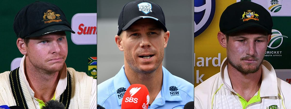 In this file photos a combination of photos created on March 29, 2018 shows (L) a video grab taken from a footage released by AFP TV showing Australia`s captain Steve Smith speaking during a press conference in Cape Town, on 24 March 2018. Photo: AFP