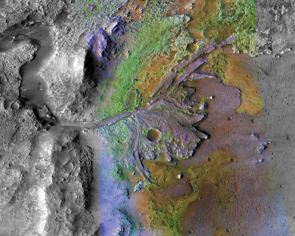 This NASA file image released on 19 November 2018 shows on ancient Mars, water carved channels and transported sediments form ING fans and deltas within lake basins. Examination of spectral data acquired from orbit show that some of these sedime