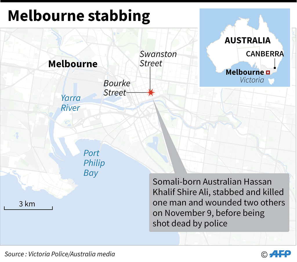 Map of Melbourne locating a fatal stabbing incident on 9 November. Photo: AFP