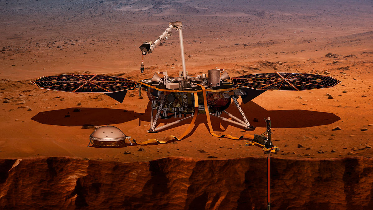 This illustration made available by NASA in 2018 shows the InSight lander drilling into the surface of Mars. InSight, short for Interior Exploration using Seismic Investigations, Geodesy and Heat Transport, is scheduled to arrive at the planet on Monday, 26 November 2018. Photo: AP