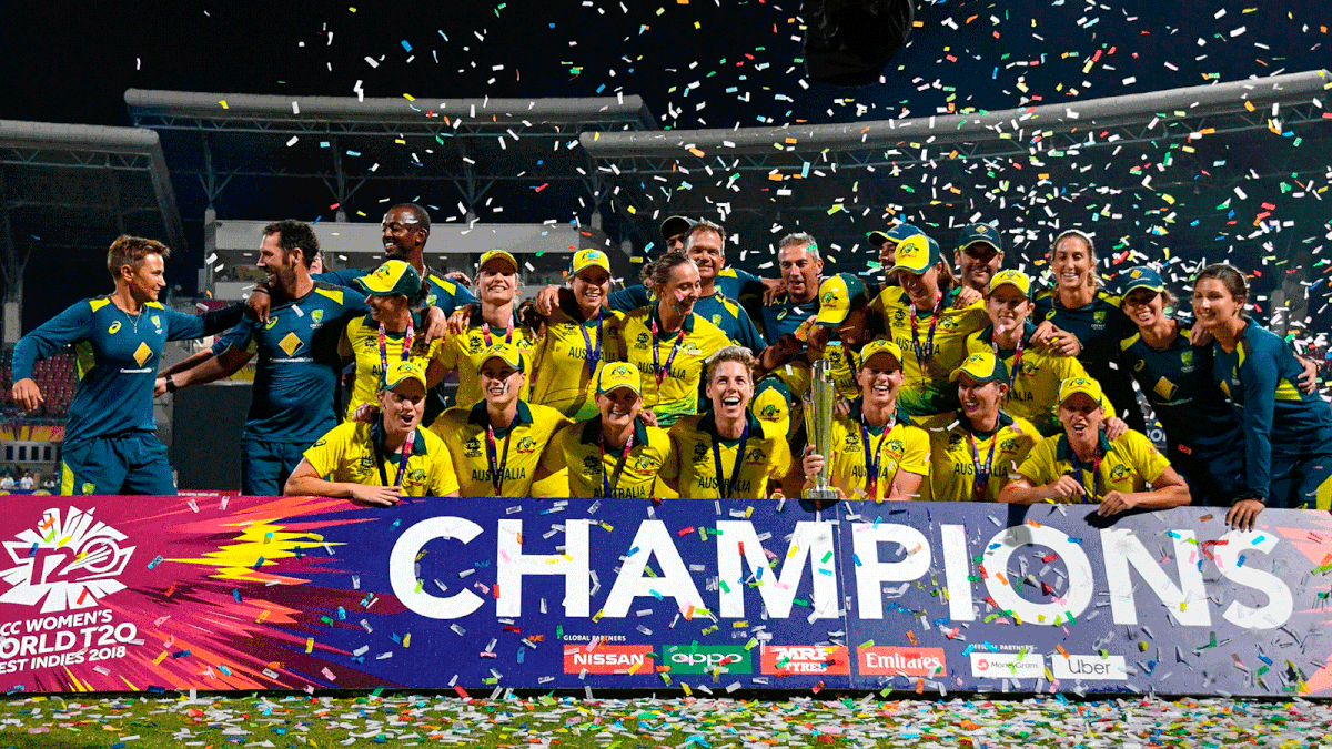 Australia`s players celebrate winning the ICC Women`s World T20 final cricket match against England at Sir Vivian Richards Cricket Ground, North Sound, Antigua and Barbuda, on 24 November 2018. Photo: AFP