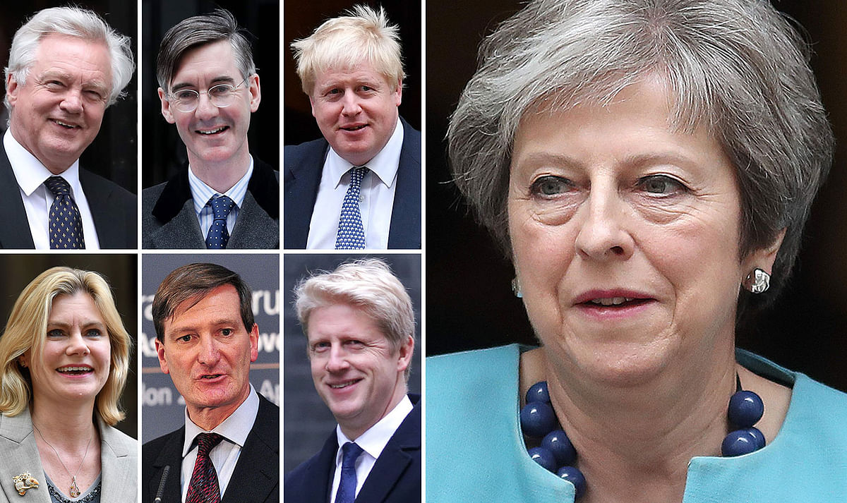 A combination of picture created in London on 25 November 2018 shows Conservative MPs (L) opposed to the Brexit withdrawl deal negotiated with EU by prime minister Theresa May (R), (top L-R) Jacob Rees-Mogg, chair of the Euro-sceptic European Research Group (ERG), and former prominent cabinet ministers David Davis and Boris Johnson who support the ERG`s opposition to the deal and remain-supporting Conservative MPs (bottom L-R) Justine Greening, Dominic Grieve and Jo Johnson all pictured in London. Photo: AFP