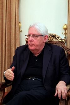 UN envoy to Yemen Martin Griffiths meets with the president of the Huthi Revolutionary Committee, in the capital Sanaa, on 24 November 2018. In a possible breakthrough despite government scepticism, the envoy said that he discussed with Huthi rebel officials `how the UN could contribute to keeping the peace` in the key port city of Hodeida. Griffiths met a Yemeni rebel leader in insurgent-held Sanaa Saturday and is to follow up by holding talks with Yemen`s government in Riyadh, a UN source said. Photo: AFP