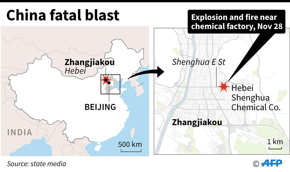Map locating an explosion near a chemical plant that has killed at least 22 in Zhangjiakou, China on Wednesday. Photo: AFP