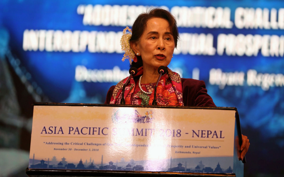 Myanmar`s civilian leader Aung San Suu Kyi speaks at the Asia-Pacific Summit 2018 in Kathmandu on 1 December, 2018. Photo: AFP