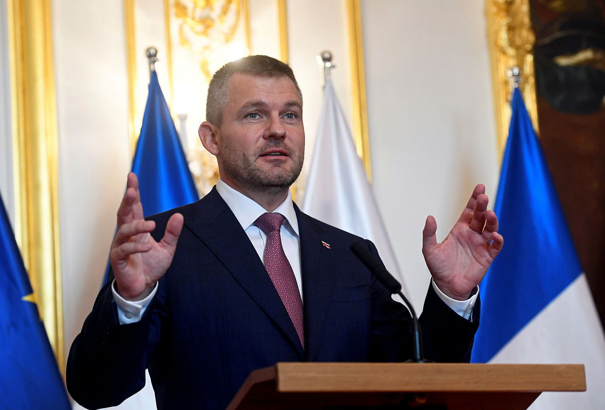 Slovakia prime minister Peter Pellegrini speaks during a news conference with French president Emmanuel Macron at Bratislava Castle in Bratislava, Slovakia on 26 October 2018. Reuters File Photo