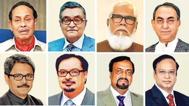 [From left to right] HM Ershad, Khandaker Mosharraf Hossain, Salman F Rahman, Mirza Abbas, Shahriar Alam, BH Harun, Ruhul Amin Howlader, and Hazi Md Selim