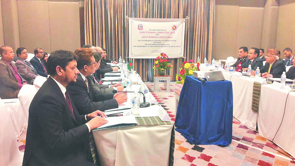 Nepal and Bangladesh officials hold a discussion during the energy secretary-level meeting that concluded in Kathmandu, on Tuesday. Photo: Bangladesh embassy in Nepal