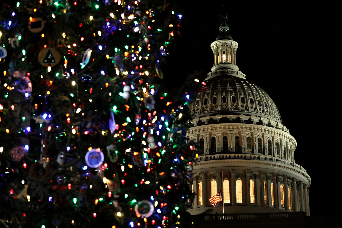 The Capitol Christmas Tree, an 80-foot Noble Fir from the Willamette National forest in Oregon, is seen lit on the West Front Lawn of the US Capitol in Washington, US, on 6 December, 2018. Photo: Reuters
