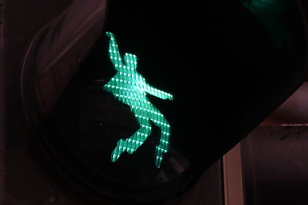 A pedestrian trafic light customized with a dancing Elvis Presley is pictured in Friedberg, western Germany, on 7 December, 2018. Photo: AFP