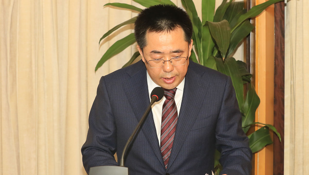 Chinese ambassador to Bangladesh Zhang Zuo speaks at a symposium titled ‘Bangladesh-China Relations: Prognosis for the Future’ in a city hotel on Saturday. Photo: UNB