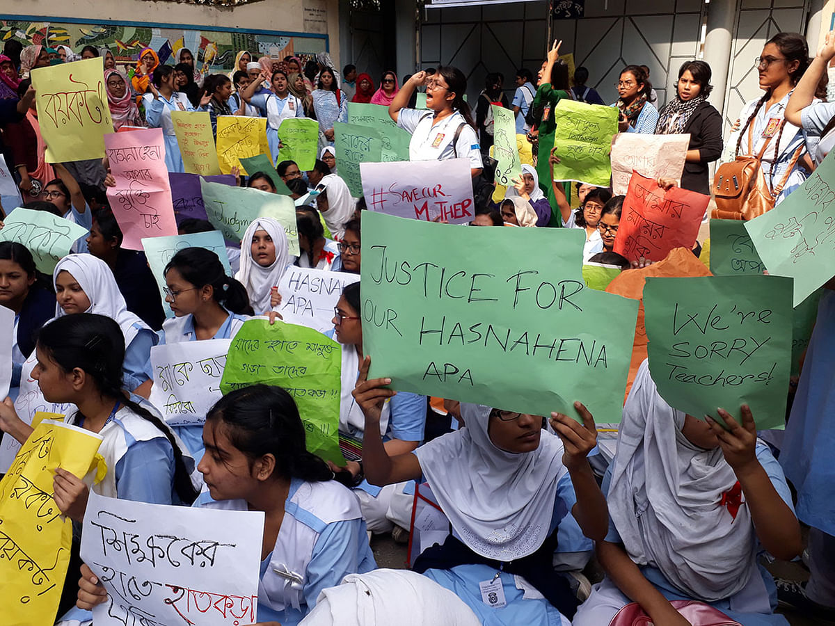 A section of Viqarunnisa Noon School and College students demonstrate demanding release of their detained teacher Hasna Hena on 8 December at Bailey Road, Dhaka. Photo: Hasan Raza