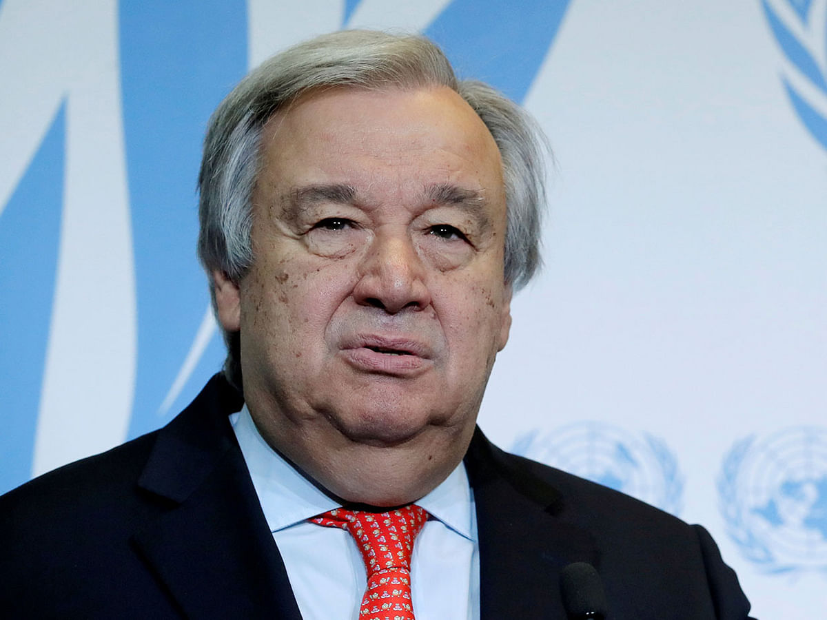 United Nations secretary-general Antonio Guterres gives a statement after delivering a speech on disarmament and denuclearisation at the University of Geneva (UNIGE) in Geneva, Switzerland, 24 May, 2018. Photo: Reuters