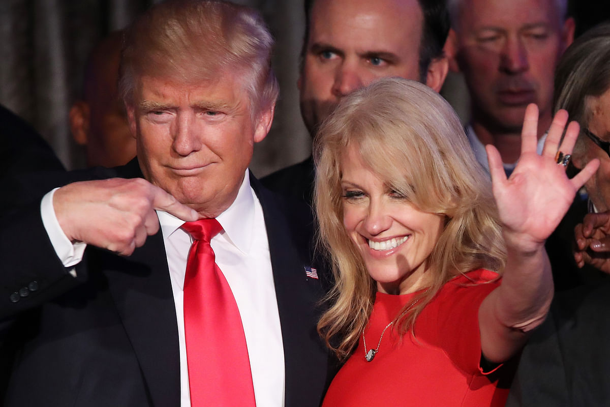 In this file photo taken on 09 November 2016, then Republican president-elect Donald Trump and his campaign manager Kellyanne Conway acknowledge the crowd during his election night event at the New York Hilton Midtown in the early morning hours in New York City. Photo: AFP