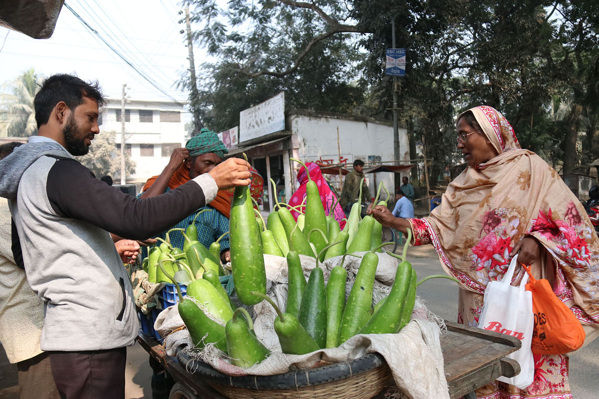 People buying gourds from a vendor at Jhiltuli, Krishnapur, Faridpur on 10 December. Gourds sell at Tk 30 to 60. Photo: Alimuzzaman