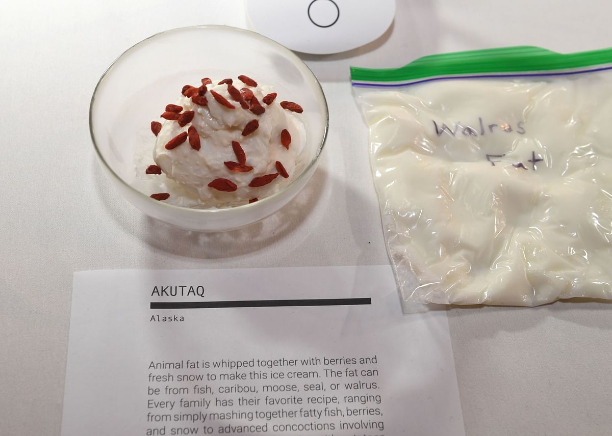 Akutaq from Alaska, animal fat whipped with berries and fresh snow, is presented in the Disgusting Food Museum on 6 December 2018 in Los Angeles, California. Photo: AFP