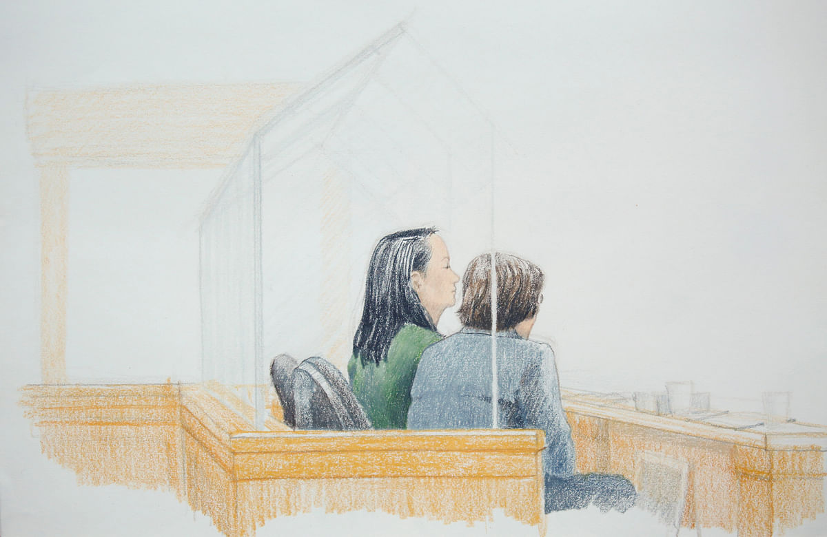 Huawei CFO Meng Wanzhou (L), who was arrested on an extradition warrant, appears at her BC Supreme Court bail hearing in a drawing in Vancouver, British Columbia, Canada on 10 December 2018. Photo: Reuters