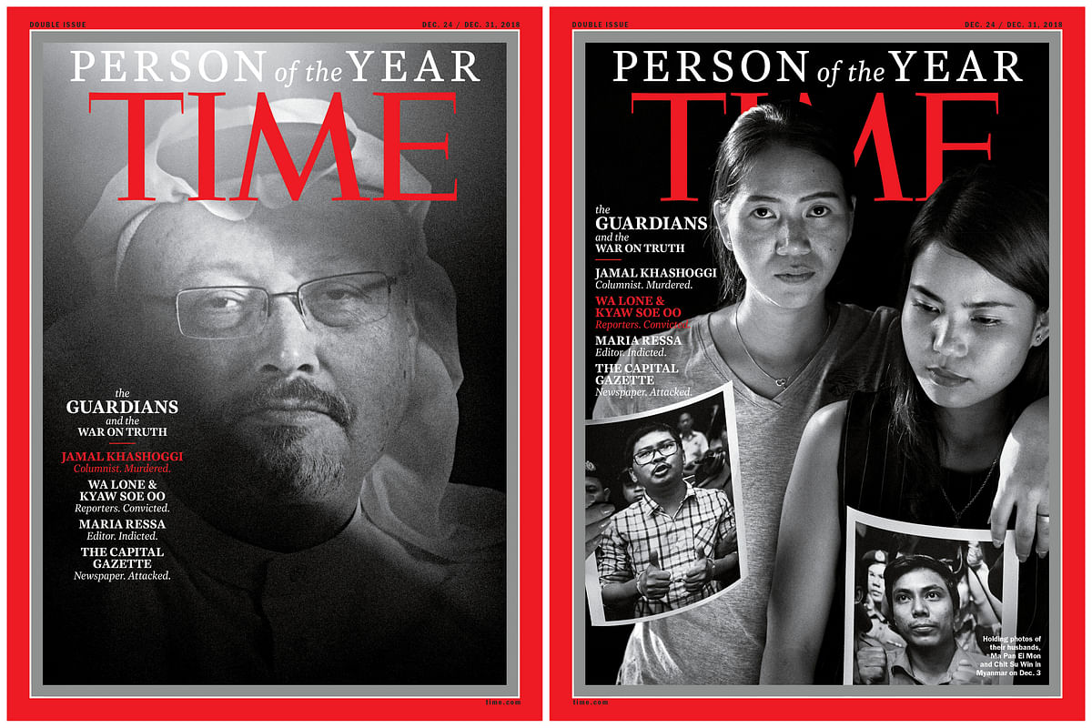 Saudi journalist Jamal Khashoggi (L) and Ma Pan Ei Mon and Chit Su Win holding photos of their husbands, Reuters journalists Wa Lone and Kyaw Soe Oo, named TIME`s Person of the Year 2018, are seen in this combination image of the covers which also named Maria Ressa. Photo: Reuters
