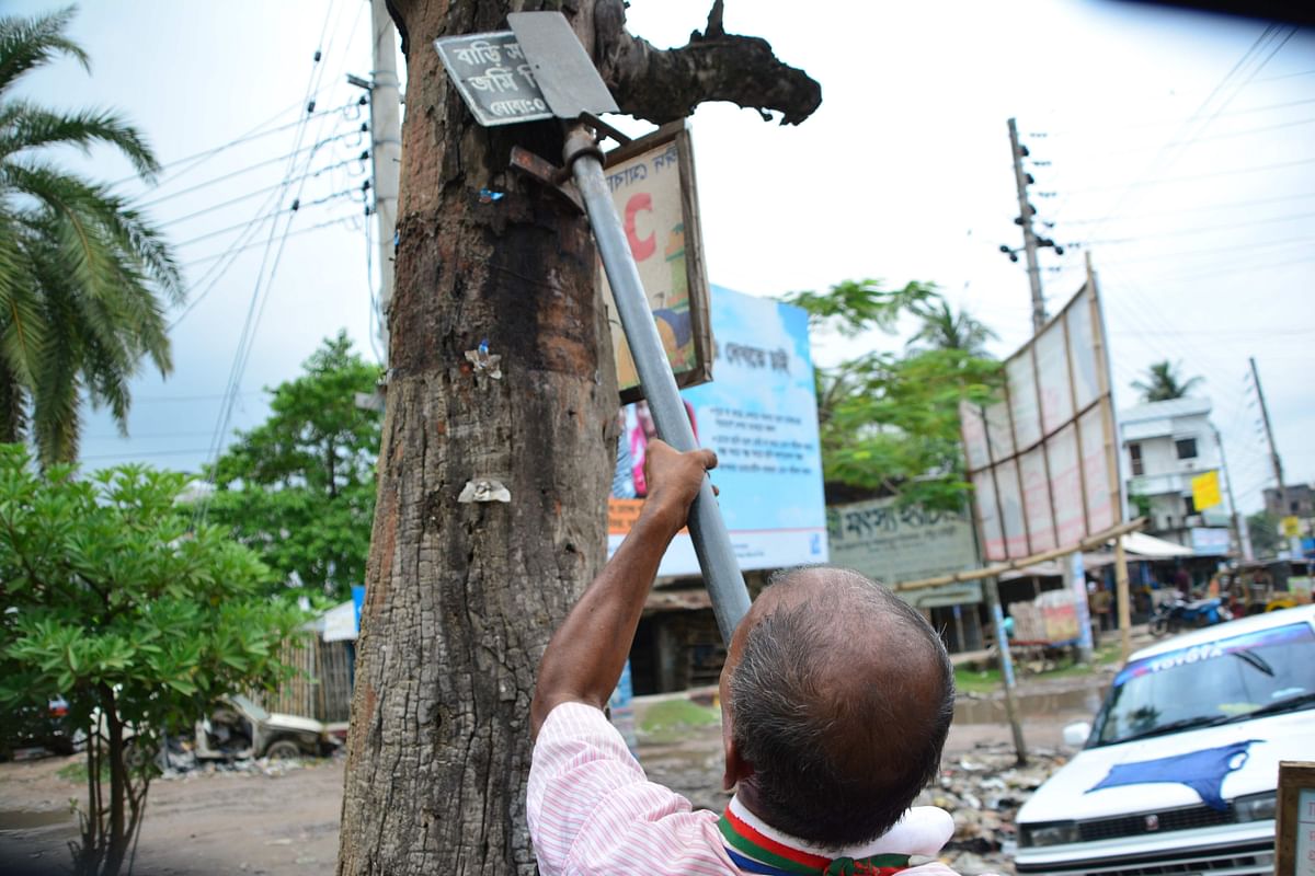 In this photograph taken on 13 October 2018, Bangladeshi tree environmentalist Ohid Sarder, 53, removes nails from a tree trunk near a road in Jashore, a western district of Bangladesh. Photo: AFP