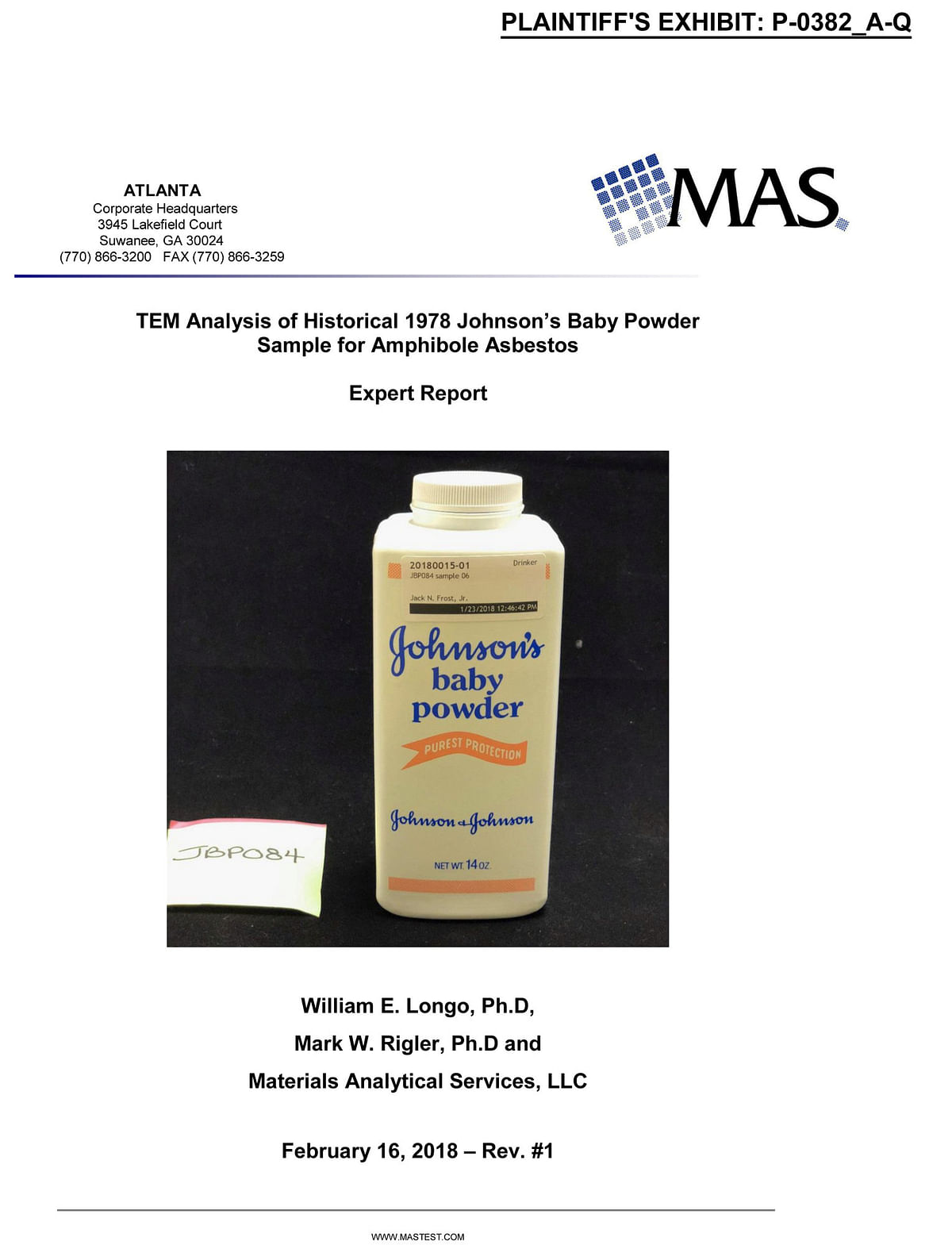 The front page of a report analyzing a sample of Johnson`s Baby Powder from 1978, entered in court as a plaintiff`s exhibit in a case against Johnson&Johnson, is pictured in this undated handout photo obtained by Reuters on 9 November. Photo: Reuters
