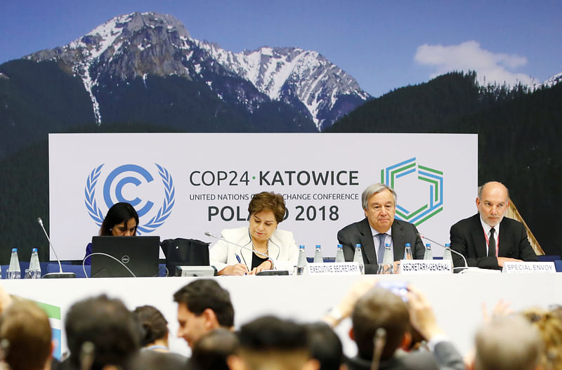 UN Secretary General Antonio Guterres, executive secretary of the UN Framework Convention on Climate Change Patricia Espinosa and UN special envoy for the 2019 climate summit Luis Alfonso de Alba attend a meeting with representatives of various NGO organisations in Katowice, Poland on 14 December. Photo: Reuters