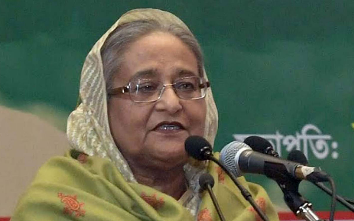 Prime minister Sheikh Hasina speaks at Bangabandhu International Conference Centre (BICC) in Dhaka on Monday. Photo: PID